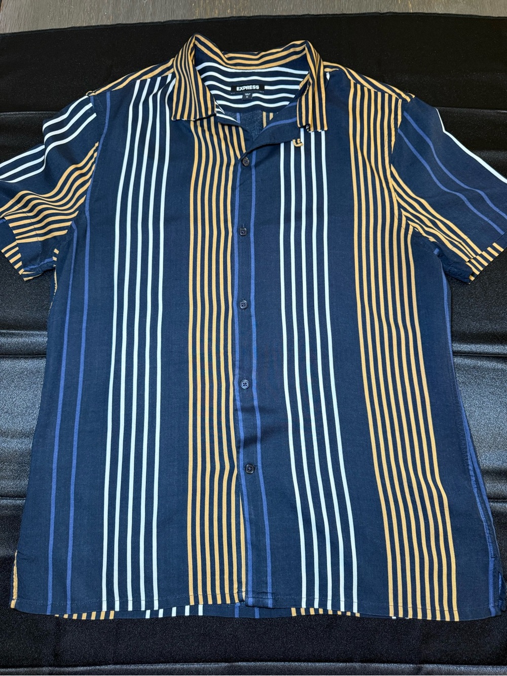 Express Men's Navy, Mustard & White Vertical Stripe Short-Sleeve Button-Up Shirt